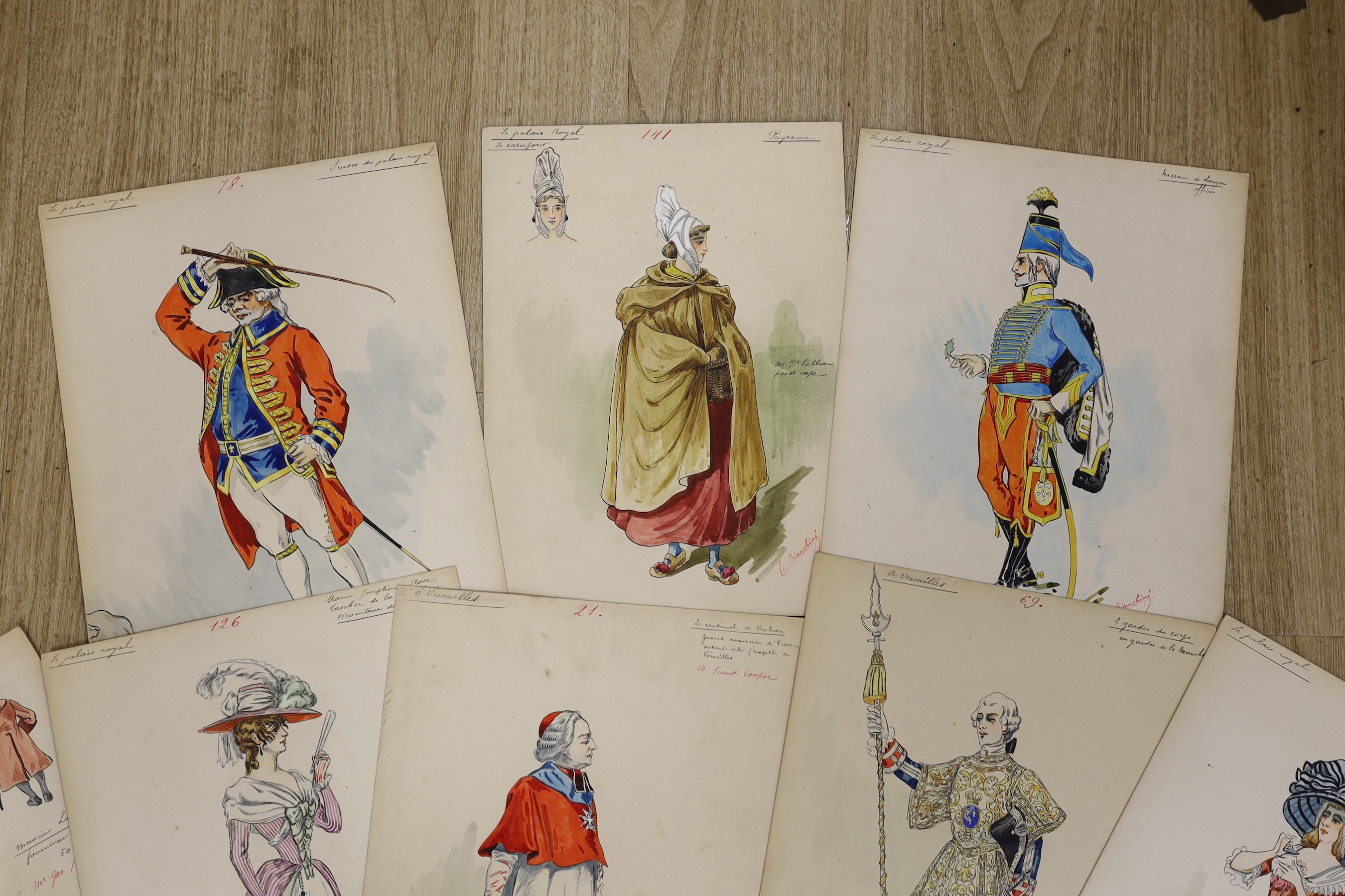 Charles Bianchini (1860-1905), eight ink and watercolour costume designs for The Royal Necklace, London 1901, signed and annotated, largest 31 x 24cm, unframed